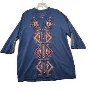 3J‎ Workshop Johnny Was Blue Embroidered Tunic Top Boho Peasant Blouse XL